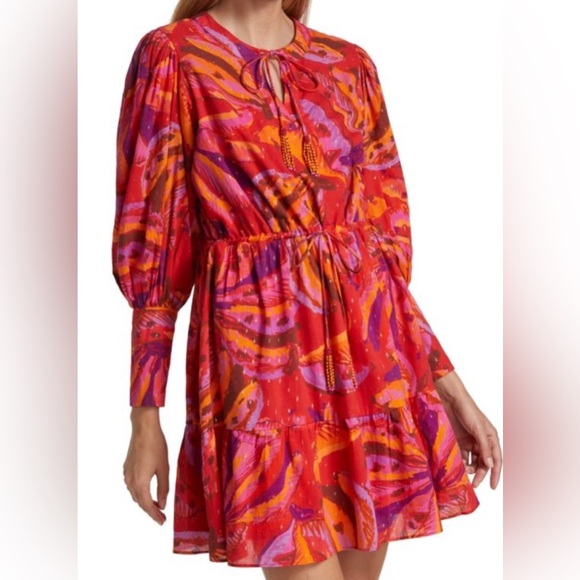 Farm Rio Long Sleeve Mini Dress Banana Juice Print Pink Beaded Drawstring Large - Picture 1 of 14